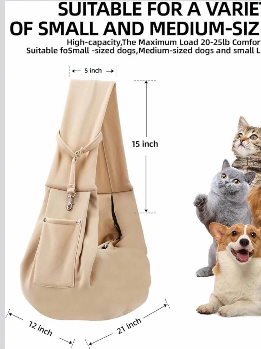 Canvas Sling Dog Carrier in Cream with Checkered Lining